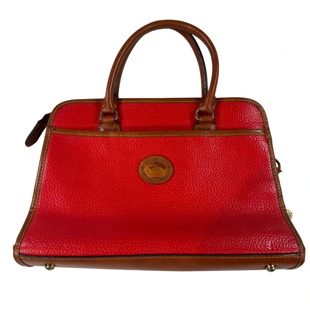 Vintage Dooney & Bourke All Weather Leather Satchel Handbag Red Tan Duck Fob